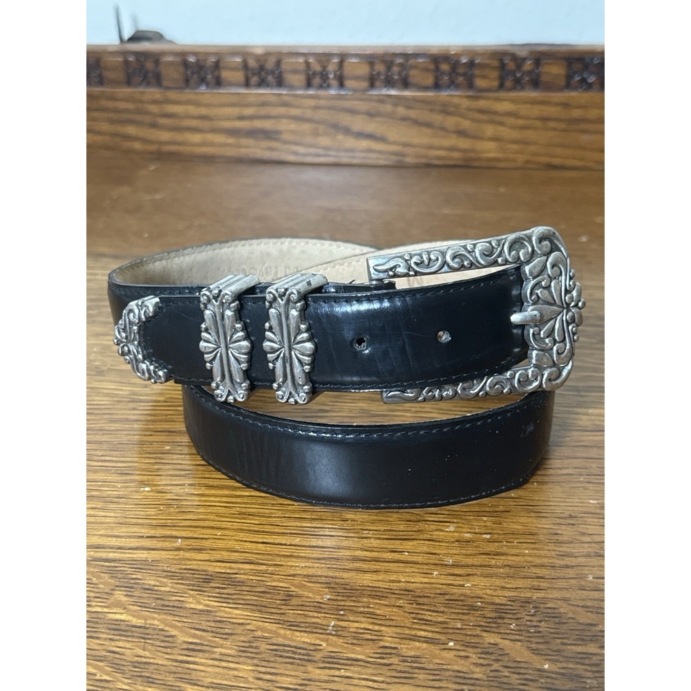 Barse La Fayette Black Leather Belt M Silver Scroll Buckle Genuine English